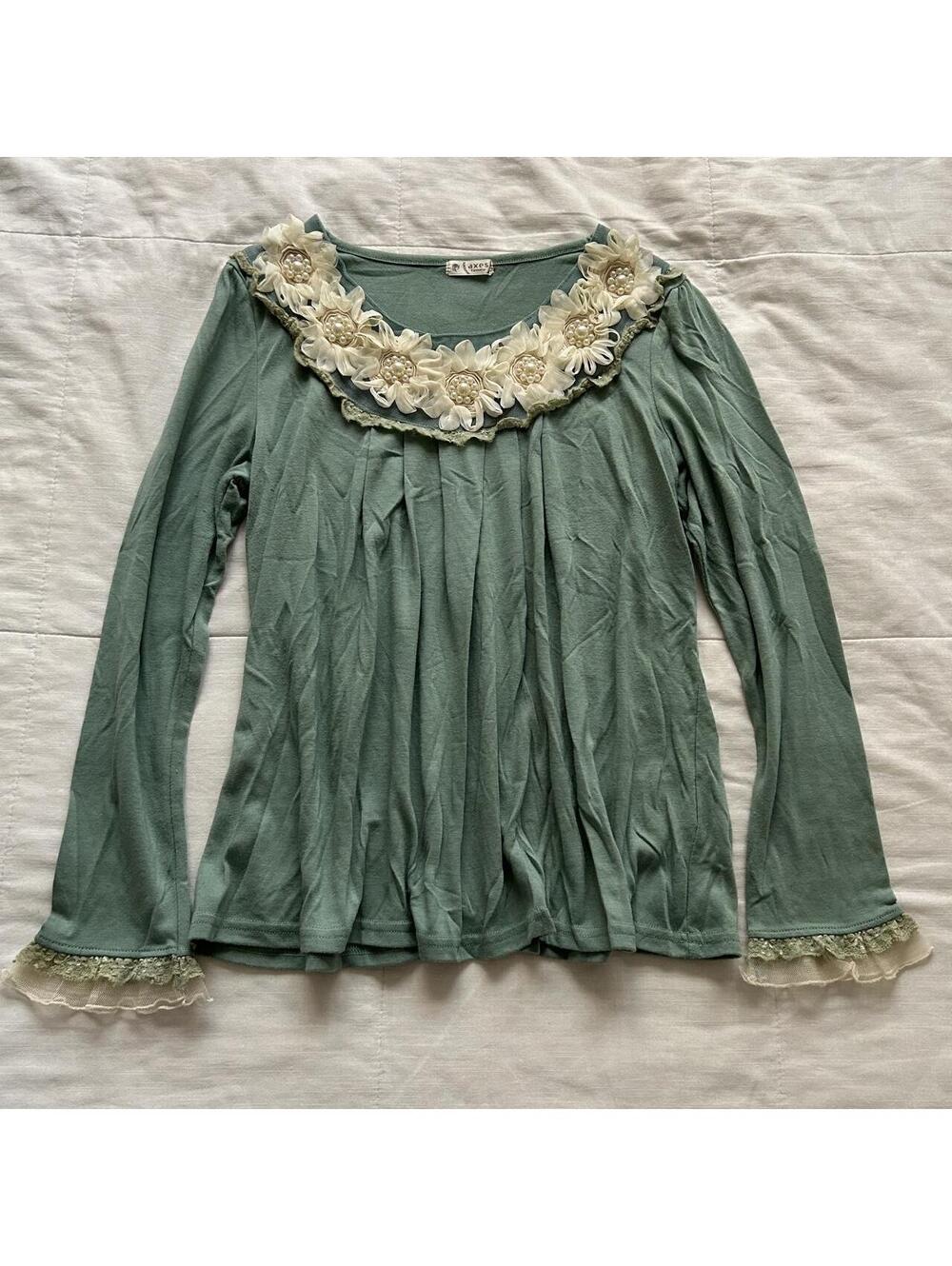Axes Femme Sage Green Rosette Pearl Lace Long Sleeve Top M Japan